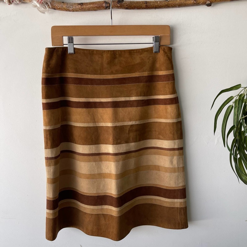 Escada Sport Suede Leather Striped Brown Western Boho Skirt